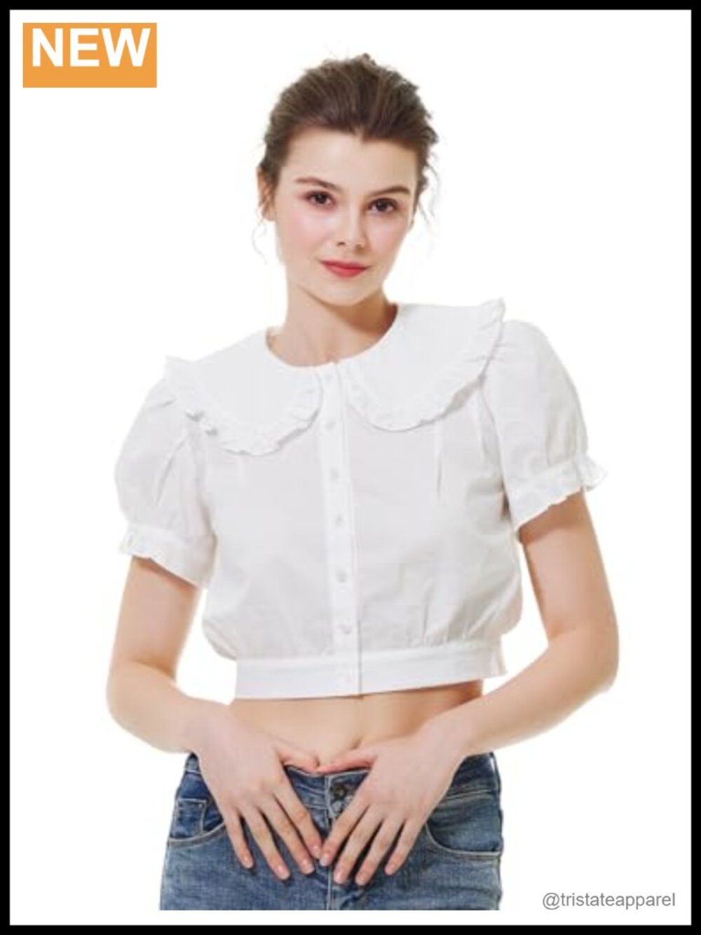 Women Crop Top 100% Cotton Peter Pan Collar Puff Sleeve Button Up Vintage